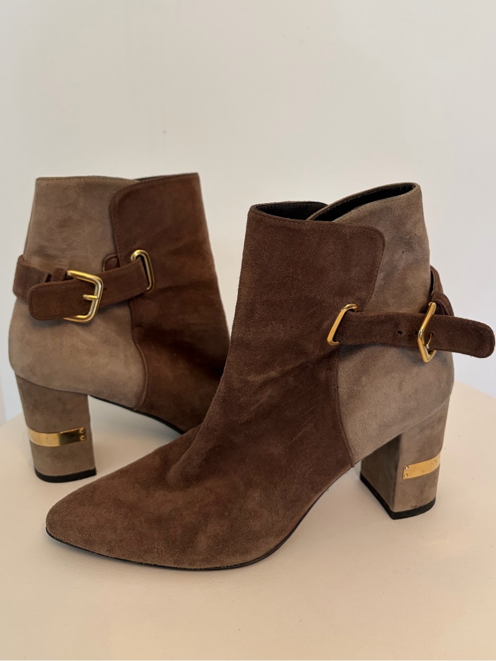 Stuart Weitzman Two-Tone Brown Suede Ankle Boot with Gold Buckle